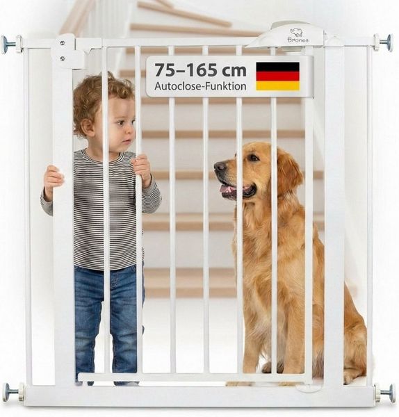 Bronea Treppenschutzgitter CLEO Türgitter ohne Bohren Kinderschutzgitter Treppengitter (zum Klemmen - ohne bohren für Tür & Treppe 75–165 cm verlängerbar, Beidseitig öffnend - Auto-Close - 90° Stopp - 3-Schritt-Sicherung), Entwickelt, Geprüft & Zertifi...