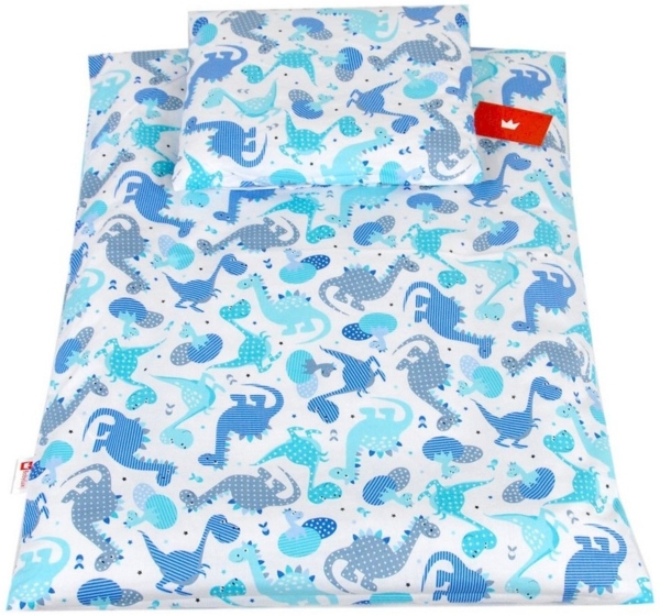 BABYLUX 2 tlg. Set Bezug für Kinderwagen Stubenwagen oder Wiege Garnitur Bettwäsche Kissen Decke 60x78 cm (100. Dino Blau)