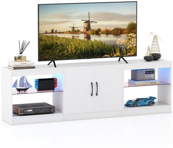 COSTWAY TV-Schrank mit LED & verstellbaren Glasregalen, Fernsehtisch 195 cm