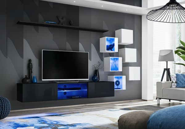 Hängende Wohnwand Switch XXI in Schwarz und Weiß 260 x 140 cm 9-teilig