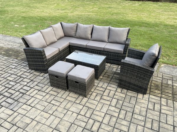 Fimous 9 Sitzer Gartenlounge Set Rattan Ecksofa Set mit Rechteckiger Couchtisch 2 kleine Fußhockern Dunkelgrau gemischt