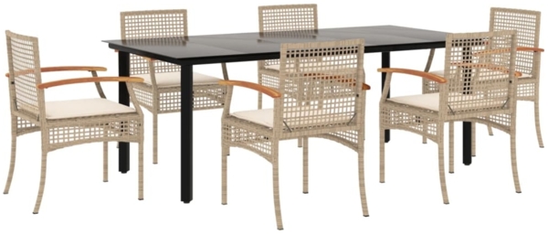 vidaXL 7-tlg. Garten-Essgruppe mit Kissen Beige Poly Rattan 3213636