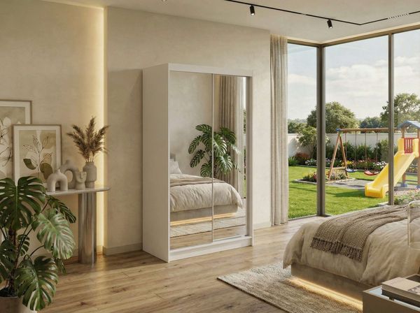 Schwebetürenschrank DUBROWNIK mit großer Spiegelfront, moderner Kleiderschrank, Breite 120 cm - Weiß - inkl. Schubladen