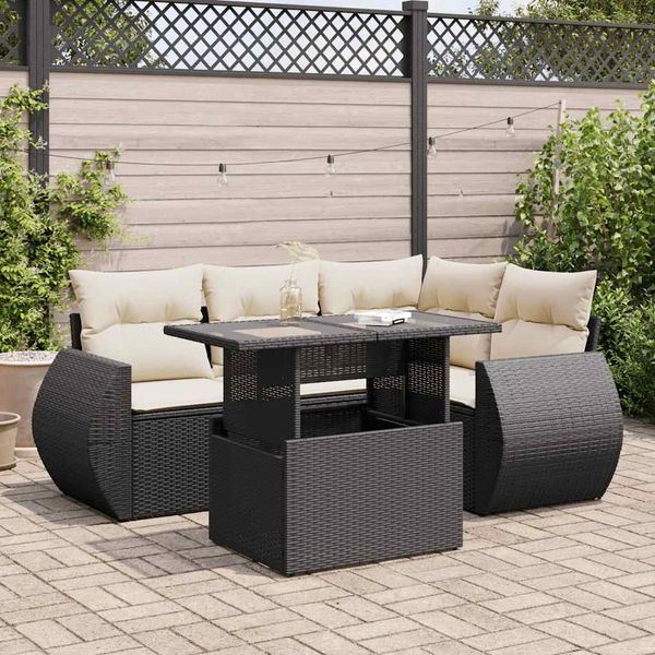 vidaXL 5-tlg. Garten-Sofagarnitur mit Kissen Schwarz Poly Rattan 3326627