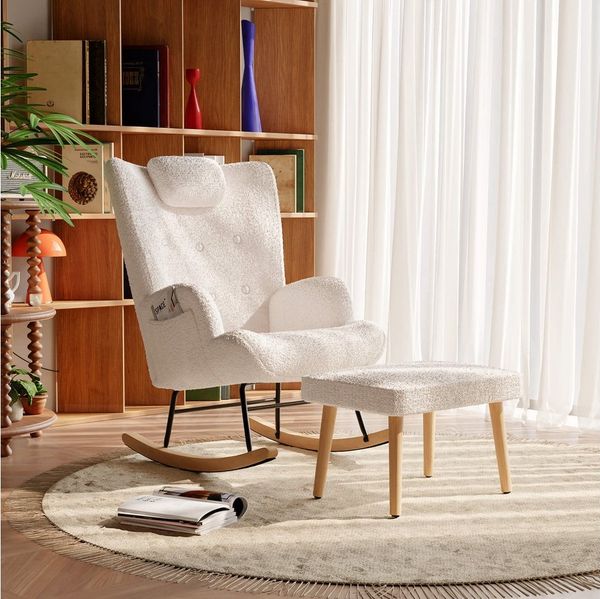Furnishings Home Schaukelstuhl Weißer Polsterstuhl + Polsterhocker + Kopfkissen (2 St), inklusive 1 Fußstütze und 1 Lendenkissen, Modern Design