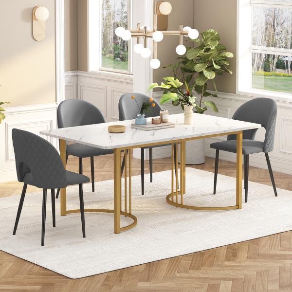 Merax Essgruppe, (Set,140×80cm Esstisch mit 4 Stühlen), Moderner Küchentisch Set , Samt Esszimmerstuhl Mit Diamantmuster, Verstellbare Stuhlbeine, Grau Samt, MDF Tischplatte in Weißer, Golden Tischbeine