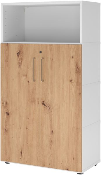 bümö flexi Aktenschrank abschließbar mit Flügeltüren & 1 Regalfach in Weiß/Asteiche, Büroschrank mit werkzeuglosem Schnellmontage-Klicksysten in modularer Bauweise, FW48T3KG-W-R-BS