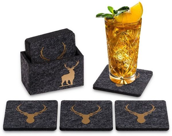 Camolo Glasuntersetzer aus Filz Hirsch anthrazit / gold mit Box, 9-tlg, Mit Motiven
