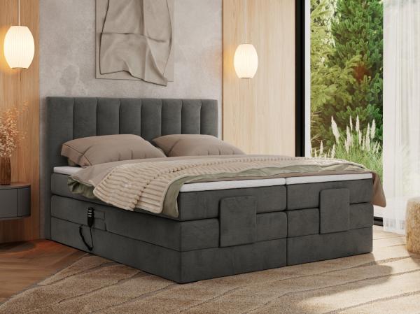 Boxspringbett mit elektrisch verstellbaren Matratzen, zwei Bettkästen und einem Topper - COMFORTO - 200 x 200 cm - Dunkelgrau Velvet - H3