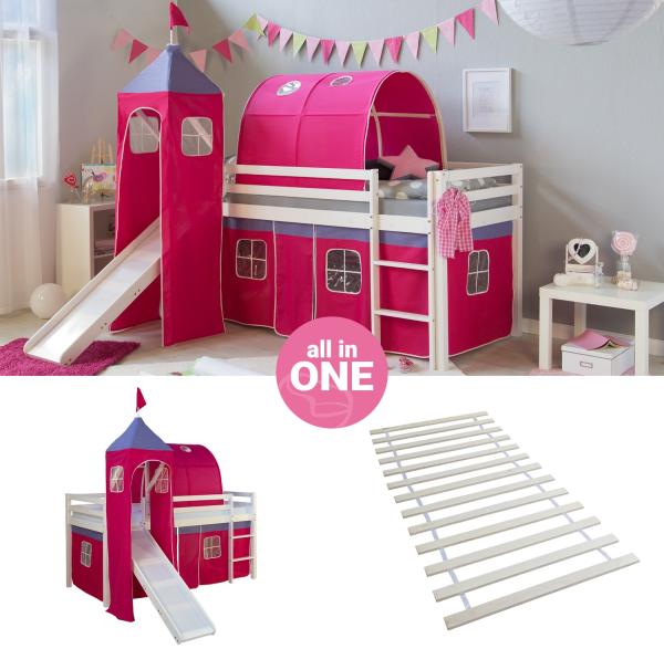Hochbett mit Lattenrost 90x200 Turm Tunnel Rutsche Stockbett Kinderbett Holz Kiefer Vorhang pink