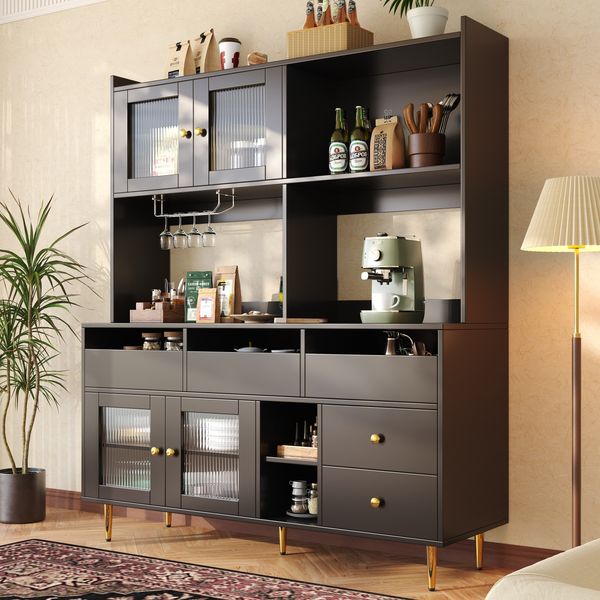 Sideboard Küchenschrank mit Changhong-Glastür Weinregal Schubladen großer Stauraum Holzoptik Anrichte Buffet,Schwarz
