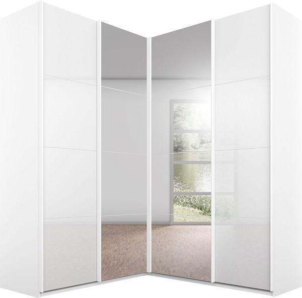 Rauch Möbel Quadra Schrank Eckschrank Schwebetürenschrank, Hochglanz Weiß / Weiß, 4-trg. mit Spiegel, inkl. 2 Kleiderstangen, 12 Einlegeböden, BxHxT 181 x 229 x 187 cm