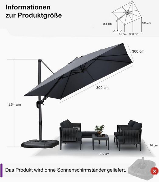 PURPLE LEAF Sonnenschirm Quadratischer Terrassenschirm, Seitlich Neigender Ampelschirm, LxB: 300,00x300,00 cm, 360°Rotation, Sonnenschutz UV50+, für Garten, Terrasse, Pool