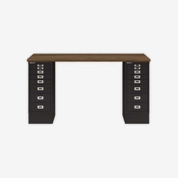 MultiDesk, 2 MultiDrawer mit 8 Schüben, Dekor Nussbaum, Farbe Schwarz, Maße: H 740 x B 1400 x T 600 mm