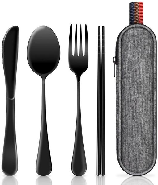 FOUORTUNATE-BEE Besteck-Set 5 Stück Edelstahl Reisebesteck mit Etui Tragbares Besteckset, Edelstahl, Campingbesteck für Unterwegs, Outdoor, Reise, Arbeit, Schule
