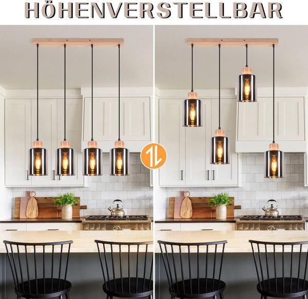 Nettlife Pendelleuchte Holz esstisch Vintage 1/3/4 flammig E27 Esszimmerlampe Industrial, Höhenverstellbar, LED wechselbar, Rauchglas Hängelampe für Küche Esszimmer Flur