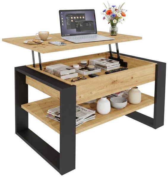 TREND WERK Couchtisch Lift-Couchtisch höhenverstellbar Sofatisch 92×55 cm mit Stauraum (verstecktem Fach Wohnzimmertisch Holz modern)