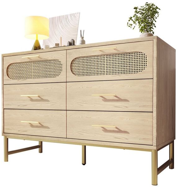 Flieks Kommode, Stauraumschrank Sideboard mit 6 Schubladen Rattan Eiche 120 x 40 x 74 cm