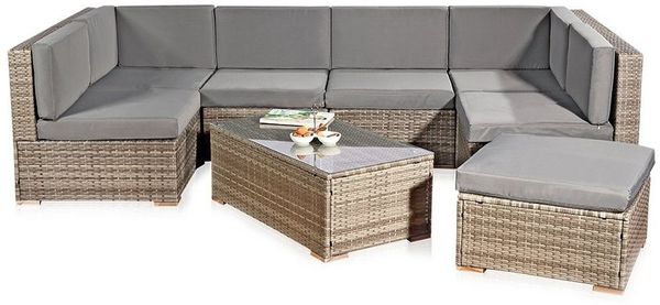 Feel2Home Garten-Essgruppe Gartensitzgruppe Terrassenmöbel Polyrattan Lounge versch. Farben, (Set, 1x Mehrteiliger Sofa 1x Ottomane 1x Tisch), Kissen inkl. Reißverschluss, daher abnehm- und waschbar