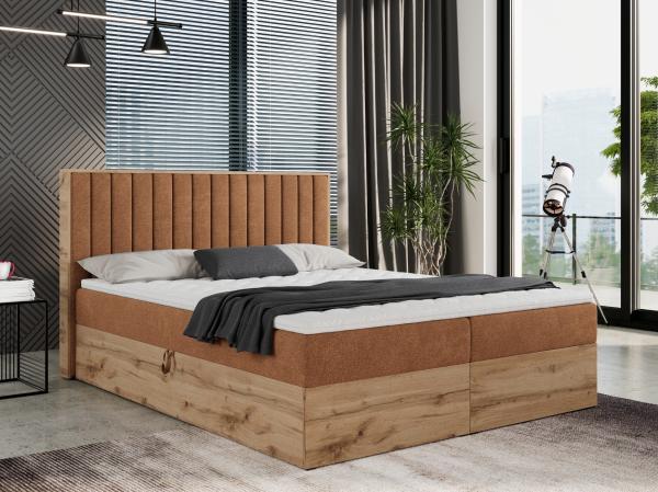 Boxspringbett mit dekorativem Kopfteil und zwei Bettkästen, Eiche Holzrahmen - ALBERO 4 - 200x200 cm - Orange Stoff - H3