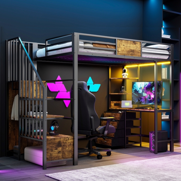 Merax Hochbett 90*200cm Einzelbett, Kinderbett, Jugendbett, aus Metall mit Schreibtisch, Ablagefächern, Kleiderstange, LED-Beleuchtung und Steckdose, Schwarz