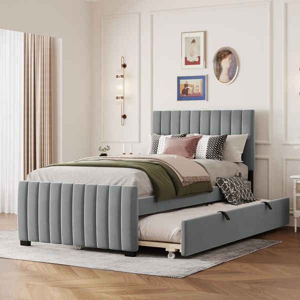 Polsterbett 90 x 190 cm mit Ausziehbett, flaches Einzelbett in hautfreundlichem Samtstoff Kinderbett Jugendbett Gästebett (Grau)