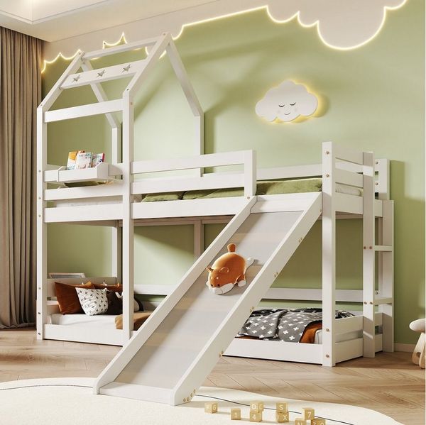 Flieks Etagenbett, Kinderbett Hausbett mit Stauraum unter der Treppe 90x200cm