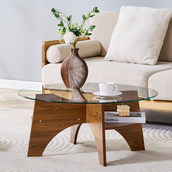 Couchtisch rund 80 x 80 x H 36 cm, Sicherheitsglas & MDF in Nussbaum-Optik, fächerförmiges Gestell