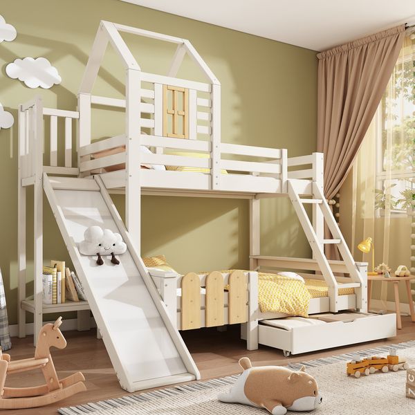 Etagenbett, Hausbett mit Schublade, Rutsche und Leiter, Hochbett mit Lattenrost im Blockhaus-Design, EN747-1:2024 Sicherheit (ohne Matratze), Massivholz, Weiß, 90×200 & 140×200 cm