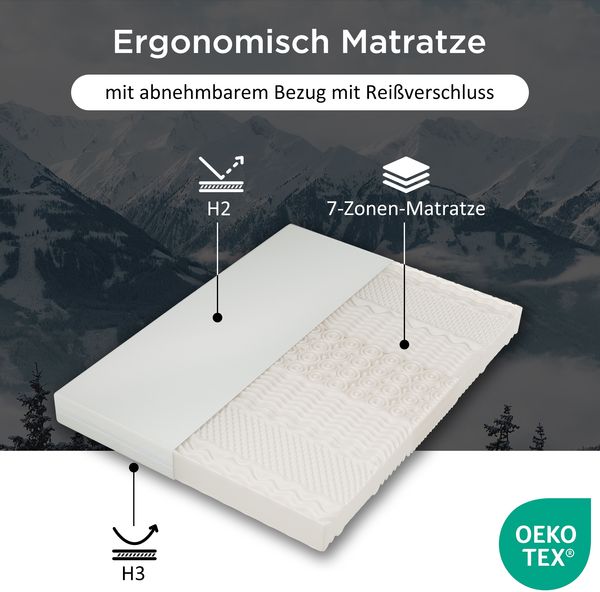 Kaltschaummatratze 140x200 cm in Weiß mit 7-Zonen-Komfortschaum H2/H3