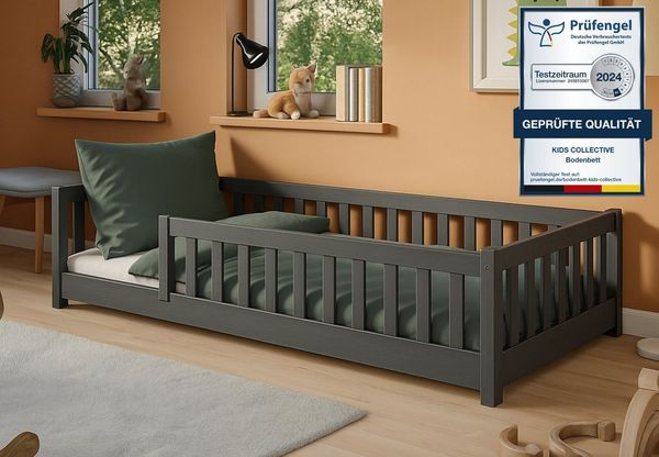 Kids Collective Kinderbett Bodenbett Bett mit Rausfallschutz & Lattenrost Montessori Bett Kinder (weitere Größen 80x180, 90x190, 90x200, 120x200, 140x200 cm), Jugendbett Einzelbett Graphit Kiefer 80x160 cm