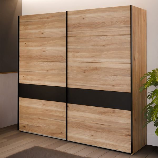 Forte BADERNA Kleiderschrank 220, 2-türiger Schwebetürenschrank mit Einlegeböden und Kleiderstange, Holzwerkstoff, Mauvella Eiche Dekor / Schwarz, 220,1 cm breit, 210,5 cm hoch, 61,2 cm tief
