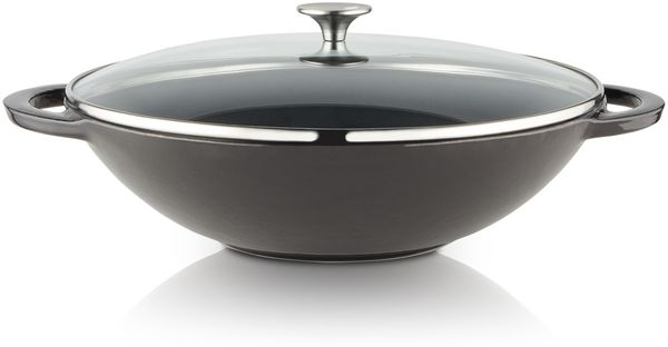 MEISTERKOCH Premium Wokpfanne | 37 cm, 6 l Volumen | Profi-Pfanne aus emailliertem Gusseisen induktionsgeeignet, spülmaschinengeeignet | für alle Herdarten und Ofen geeignet
