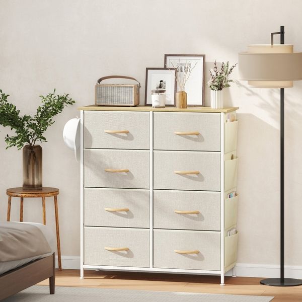 Kommode mit 8 Stoffschubladen, Seitenfächern & Haken, 86 x 30 x 94,5 cm, Beige
