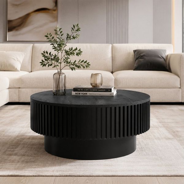 TWSOUL Couchtisch Runder Couchtisch mit Stauraum – Beistelltisch mit halbem Klappdeckel, für Wohnzimmer,Massivholz-Optik,80x35 cm