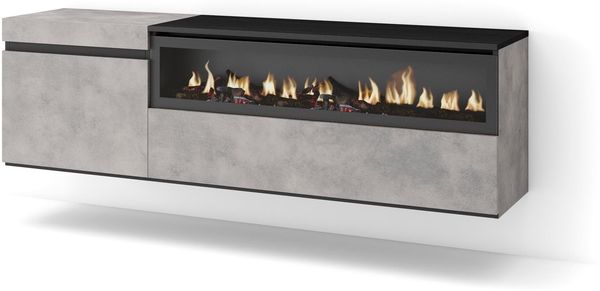 Skraut Home | TV-Schrank, Lowboard | für Wohnzimmer und Esszimmer | 150 x 45 x 35 cm | Für TV-Geräte bis zu 65" | Elektrokamin. Maße | Hängend | Moderner Stil | Zement