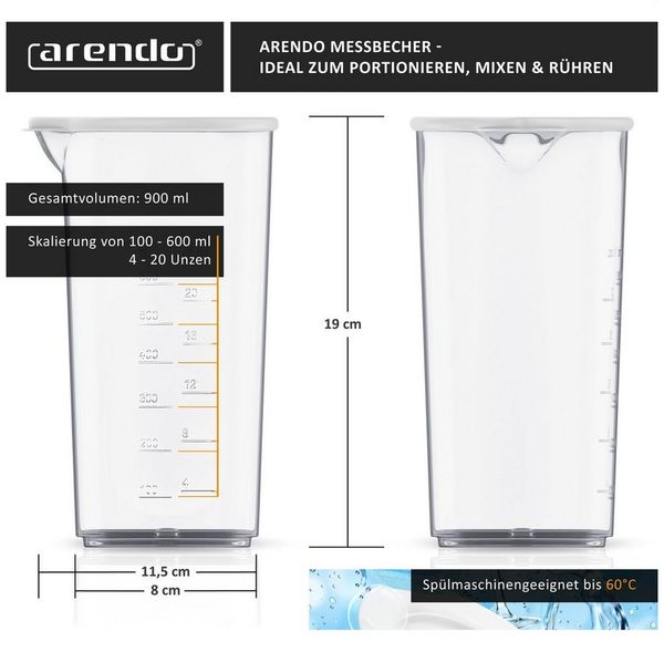 Arendo Messbecher mit Deckel, 600ml, 20 Unzen, Klarsichtbecher, Mixbecher aus Kunststoff, Kunststoff, (1-St), ideal für elektrische Handmixer, Stabmixer & Handrührer