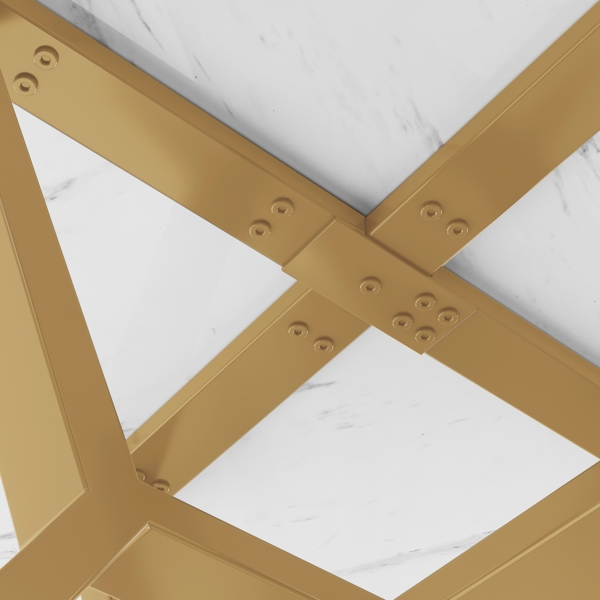 Runder Esstisch 75cm Höhe mit MDF Tischplatte in weißer Marmoroptik, Radius 50cm, stabiler X-förmiger Metallfuß in Gold Bild 9