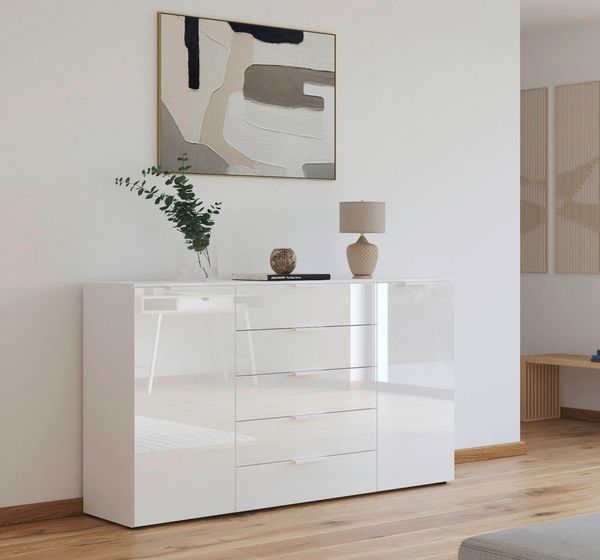 Rauch Möbel Flipp, Kombikommode, Kommode mit Stauraum für Wohnzimmer, Schlafzimmer, Flur, 4 Fachböden, Alpinweiß/Glasfront Weiß, 2-türig, Glastüren, 5 Schubkästen, Griffe weiß, 180 x 100 x 42 cm