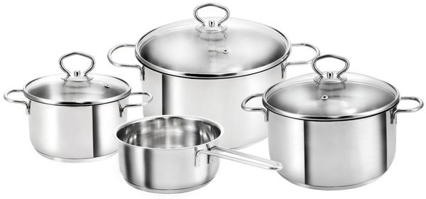 Kopf Topf-Set Merkur 4-teilig, Edelstahl (4-tlg), Induktionstöpfe mit Schüttrand, Literskala und Glasdeckel