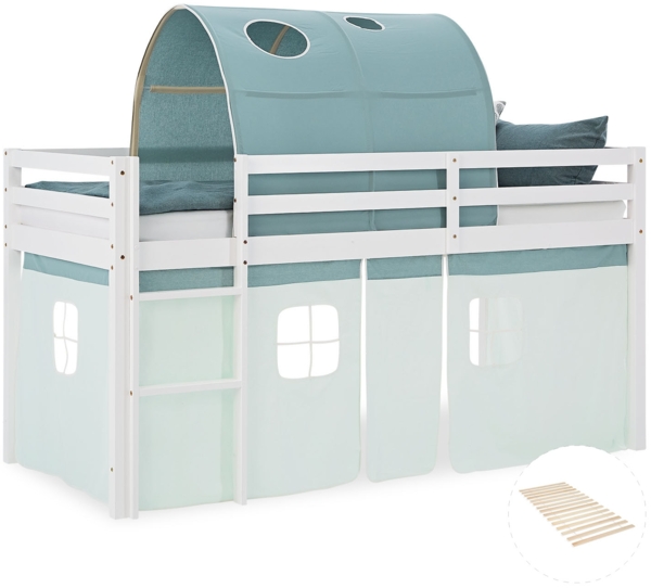 Hochbett Kinder 90x200 cm mit Lattenrost Kinderbett Kinderhochbett Stockbett Tunnel Vorhang Grün Mintgrün Holz Massiv