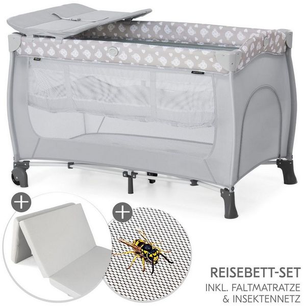 Hauck Baby-Reisebett Sleep N Play Center Set - Teddy - Grey, Kinderreisebett mit Matratze, Insektenschutz, Wickelauflage & Tasche