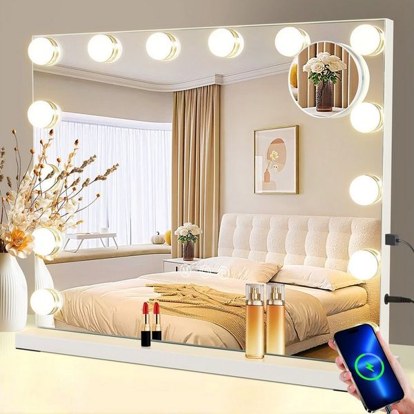Nettlife Schminkspiegel mit Beleuchtung Dimmbare 50x40cm Hollywood 15 LED Spiegel, mit 3 Beleuchtungsmodi Touch Steuerung und Abnehmbare Lupe