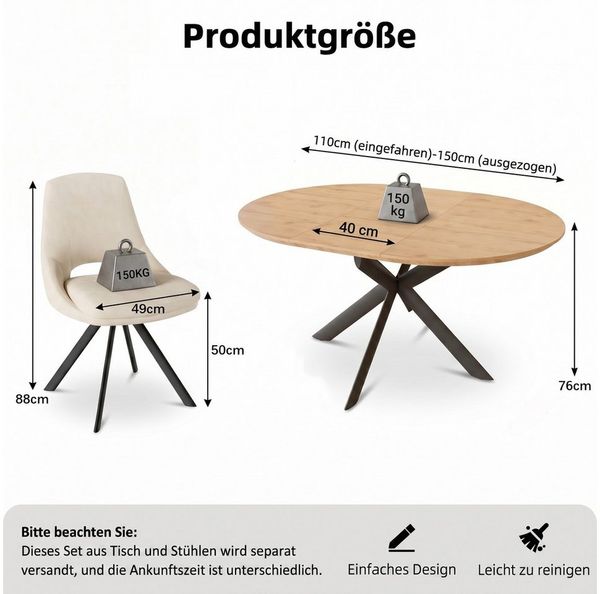 Jiexi Essgruppe Tisch-und Stuhlset, Ausziehbarer Esstisch (110-150 cm) mit 4-6 Stühlen Bild 3