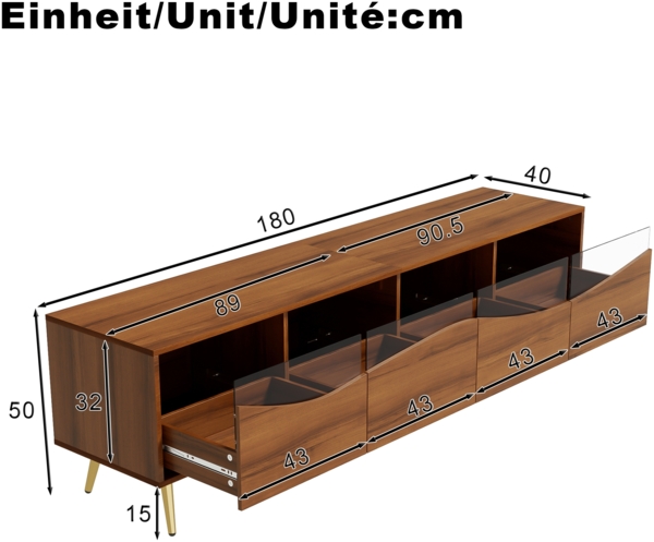 TV-Schrank mit LED, Lowboard 180 cm, Fernsehtisch Holzfarbe, Glasfront, Stauraum, Kabeldurchführung, Wohnzimmer Bild 8