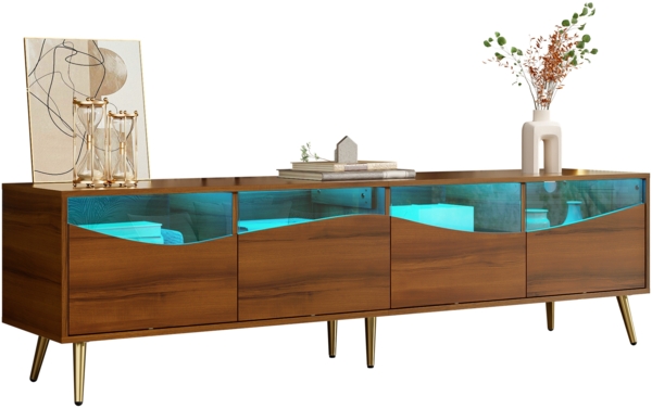 TV-Schrank mit LED, Lowboard 180 cm, Fernsehtisch Holzfarbe, Glasfront, Stauraum, Kabeldurchführung, Wohnzimmer Bild 7