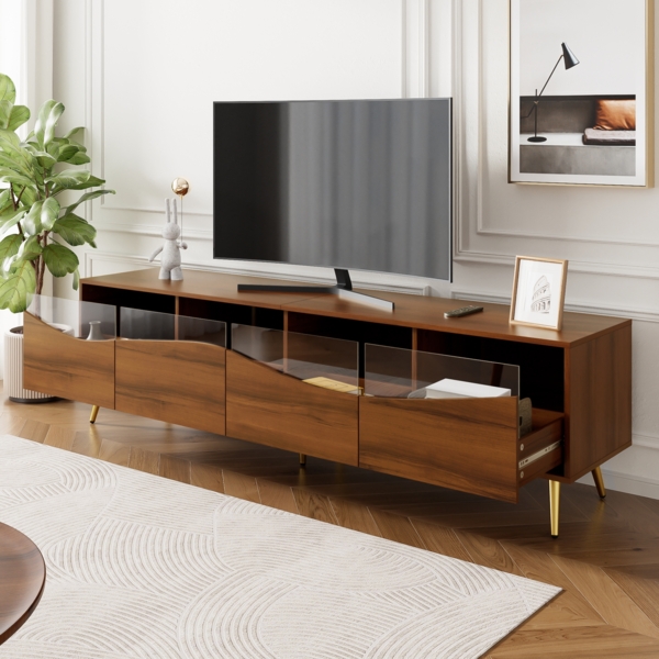 TV-Schrank mit LED, Lowboard 180 cm, Fernsehtisch Holzfarbe, Glasfront, Stauraum, Kabeldurchführung, Wohnzimmer Bild 3