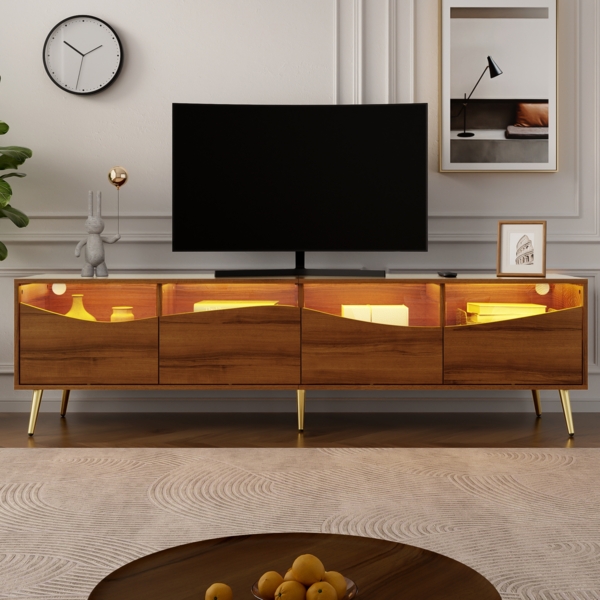 TV-Schrank mit LED, Lowboard 180 cm, Fernsehtisch Holzfarbe, Glasfront, Stauraum, Kabeldurchführung, Wohnzimmer Bild 5
