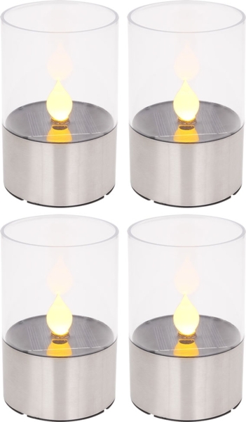4x LED Solarleuchte, Feuereffekt, Edelstahl, H 11 cm