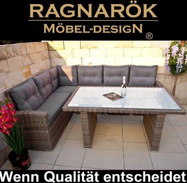 Ragnarök Möbel-Design Gartenlounge-Set Dining Lounge Wieland M, (Set, Ecksofa + Tisch, Polyrattan, inkl. aller Polster), integrierte Staufächer unter der Ecklounge, sehr großer Tisch
